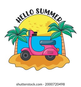 summer banner with retro motorcycle in the beach. hello summer