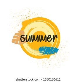 summer banner round brush stroke with leaf vector. Vector poster with tropical leaves