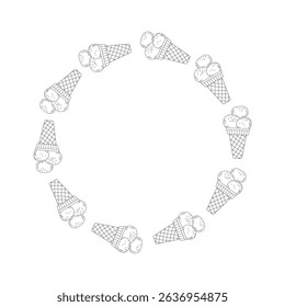 Summer banner, round frame. Ice cream poster, waffle ice cream cone.  Doodle, line icon.  Illustration for menu design, bar, cafe, recipes, restaurant. Place for text, isolated background