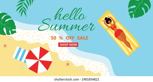 Summer banner, summer sale. Flat vector illustration with women on inflatable circles on the sea with a beach in the style of doodle.