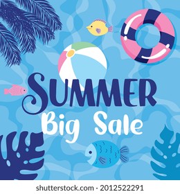 summer banner sale with floats and tropical leaves cartoon .vector illustration