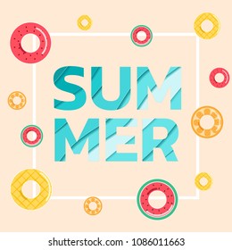 Summer banner sale. Top view blue sea paper waves with fruit rubber ring and text " SUMMER". Seasonal design advertising paper cut style. Vector Illustration.