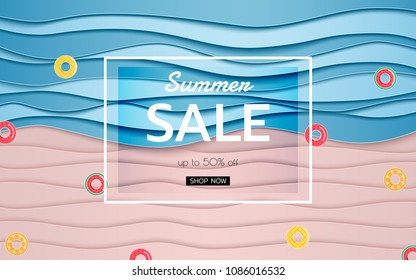 Summer banner sale. Top view blue sea and beach paper waves with fruits rubber ring. Paper cut style Vector Illustration.