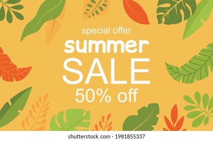 Summer banner, summer sale. Tropical doodle-style leaves, pastel colors. Lettering "Summer sale", flat vector illustration.