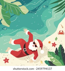 Summer banner with Santa Klaus on the beach close to the sea, different beach elements. Vector illustration in flat style