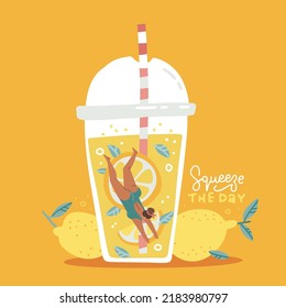 Summer banner with scene of woman diving fun inside the huge plastic glass of lemon juice lemonade, fruit smoothie. Drinking cold beverage on the beach. Squeeze the day. Vector flat illustration.