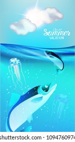 Summer banner with sea water with fishes and jellyfishes inside and clouds and sun. Vector illustration