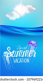 Summer banner with sea water with jellyfishes inside and clouds and sun. Vector illustration