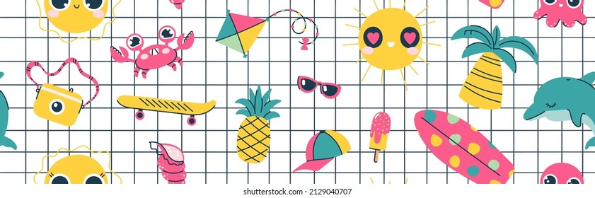 El cartel de verano no tiene fisuras. Fondo vectorial con piña, cangrejo, delfín