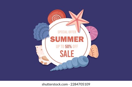 Summer banner with seashells and starfish. Summer sale, beach holidays, marine concept. Discount sale season template background. Flat vector illustration