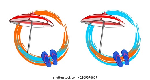 Summer banner set with beach slippers and beach umbrella. Decorative round summer frame with free space for text. Vector illustration