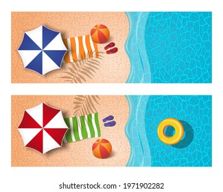 Summer banner set with a beach umbrella, life preserver, flip flops, waves and palm shadows. Summer beach top view. Summer rest. Vector illustration