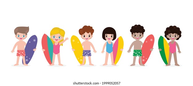 summer banner and set of cute surfer children character with surfboard on beach. Happy young surfer on the crest wave, flat vector illustration isolated on white background