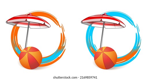 Summer banner set with rubber ball and beach umbrella. Decorative round summer frame with free space for text. Vector illustration