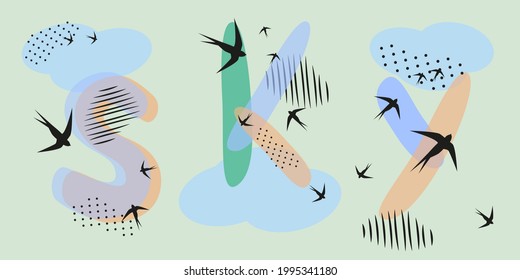 Summer banner. Sky, clouds, birds, lettering sky. Hand drawn letters. Spots, dotted strokes. Vector illustration of pastel soft colors.