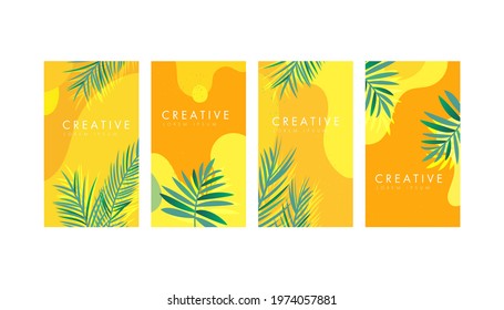 Summer banner. Social media stories design templates with fluid wave shape, with fresh palm leaves