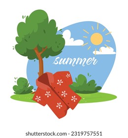 Summer banner or sticker with seasonal clothing at landscape backdrop, flat vector illustration isolated on white background. Banner design for seasonal sales.