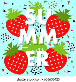 Pancarta de verano con fresa, lugar para texto. Fondo vectorial estacional de moda, plantilla de folleto.