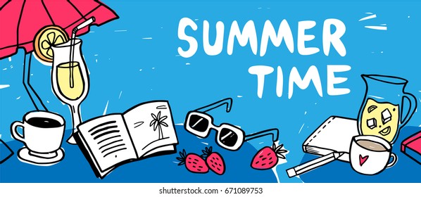 Summer banner with sun umbrella, books and drinks on background. Vector illustration template and banners, wallpaper, invitation, posters, brochure, voucher discount.