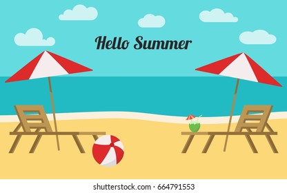 Summer banner, sun umbrellas, Hello summer, flat vector illustration