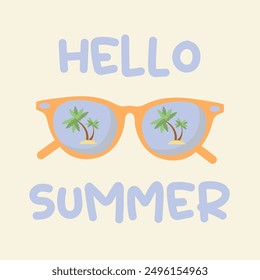  summer banner with sunglasses. Sunglasses with palm trees reflected in the glasses. Vector graphics.