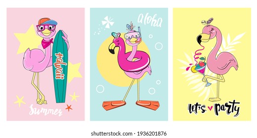 Summer banner with Sweet pink flamingo,tropical leaves and lettering summer, aloha, let's party. Vector illustration set