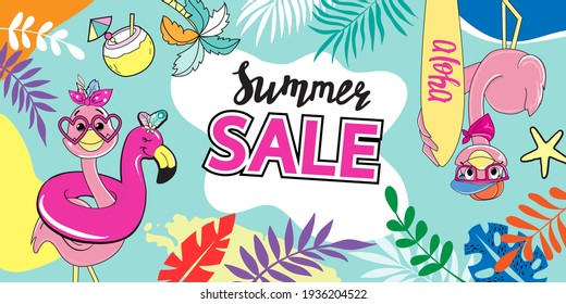 Summer banner with Sweet pink flamingo,tropical leaves and lettering summer sale. Vector illustration