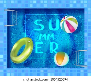 Summer banner with swimming pool and inflatable toys in it. View above. Vector illustration