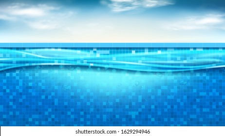 Summer banner with swimming pool. Vector illustration. Realistic underwater scene with light beams in swimming pool. Banner with horizontal water surface and cloudy sky.
