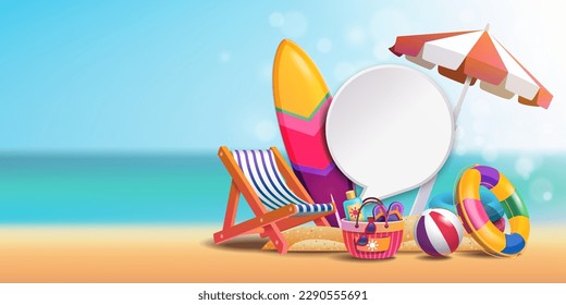 Summer banner template with 3d summer element composition. illustration design