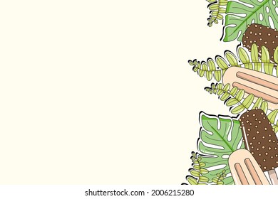 Summer banner template with Colorful background.
Vector illustration with ice cream and green tropical leaves for cards design, prints, greetings, invitations.