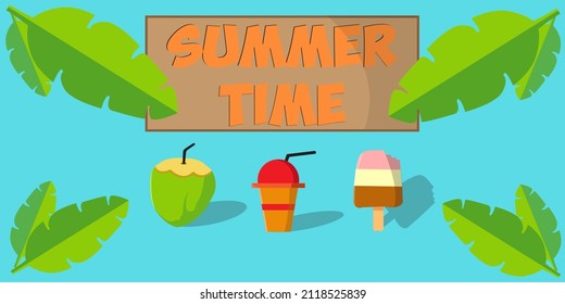 a summer banner template, containing young coconuts, cold drinks and ice cream and surrounded by leaves