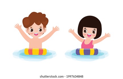 summer banner template of Cute asian kids in swimming nd rubber ring in the pool. children cartoon floating on inflatable in summer holiday party isolated on white background vector illustration