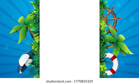 Summer banner template design with a white large stripe for text in the middle, summer elements and beach accessories. Empty summer layout for your creativity