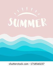 Summer banner template with drawn sun logo concept, sand beach background with sea waves. Vector illustration.