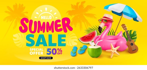 Summer banner template with flamingo float,ukulele,coconut drink,beach umbrella,watermelon,starfish,palm leaves and Summer sale discount text on yellow background,Promotion template for summer sale