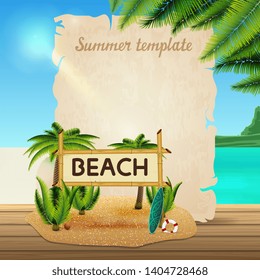 Summer banner template in the form of parchment on the background of a beautiful seascape with coconut palms and bamboo sign with the inscription "beach"