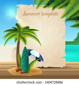 Summer banner template in the form of parchment on the background of a beautiful seascape with palm, coconuts, beach umbrella and surf Board