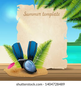 Summer banner template in the form of parchment on the background of a beautiful seascape with diving mask, fins and palm leaves