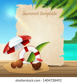 Summer banner template in the form of parchment on the background of a beautiful seascape with coconut cocktail, beach umbrella and lifeline