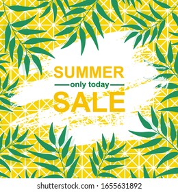 Plantilla de banner de verano con hoja verde. Palabras Venta de Verano en tintas dibujadas a mano y memphis amarillos. Tarjeta de moda para la tienda social, post, página web.  Ilustración vectorial 