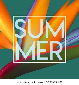 Summer banner template leaf flower, poster. Summer realistic illustration for greeting card, invitation. Colorful vector background