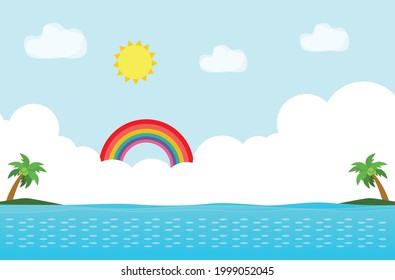 summer banner template Sea summer sky landscape, happy in hot sunny day vacation flat cartoon isolated on white background vector illustration