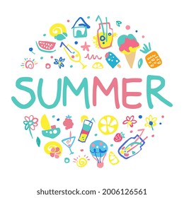 Summer Banner Template with Seasonal Symbols Seamless Pattern of Round Shape Vector Illustration