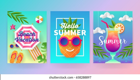 Summer banner template set with paper art travel and vacation background. Vector illustration