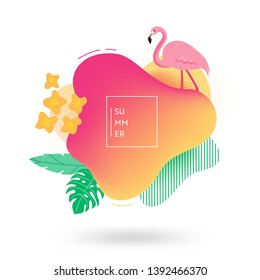 Summer banner template. Tropical liquid geometric shape background with flowers, flamingo birds, tropic fluid bubble, card, brochure, promo badge for your seasonal design. Vector illustration