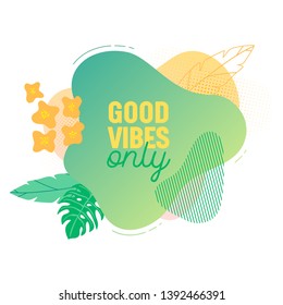 Summer banner template. Tropical liquid geometric shape background with palm leaves, tropic fluid bubble, card, brochure, promo badge for your seasonal design. Vector illustration