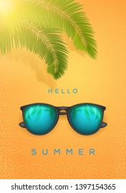 Summer banner with text Hello Summer, sunglass and palm branch Happy bright concept in yellow background. Vector Stock Illustration