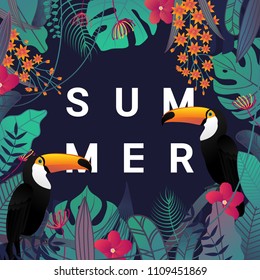 Summer banner with Toco toucan bird , typography, and tropical leaves and flower background for promotion banner, flyer, party poster, printing and website. Vector illustration.