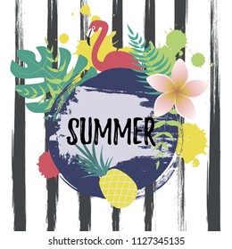 Summer banner with tropic leaves, flamingo, pineapple and flower